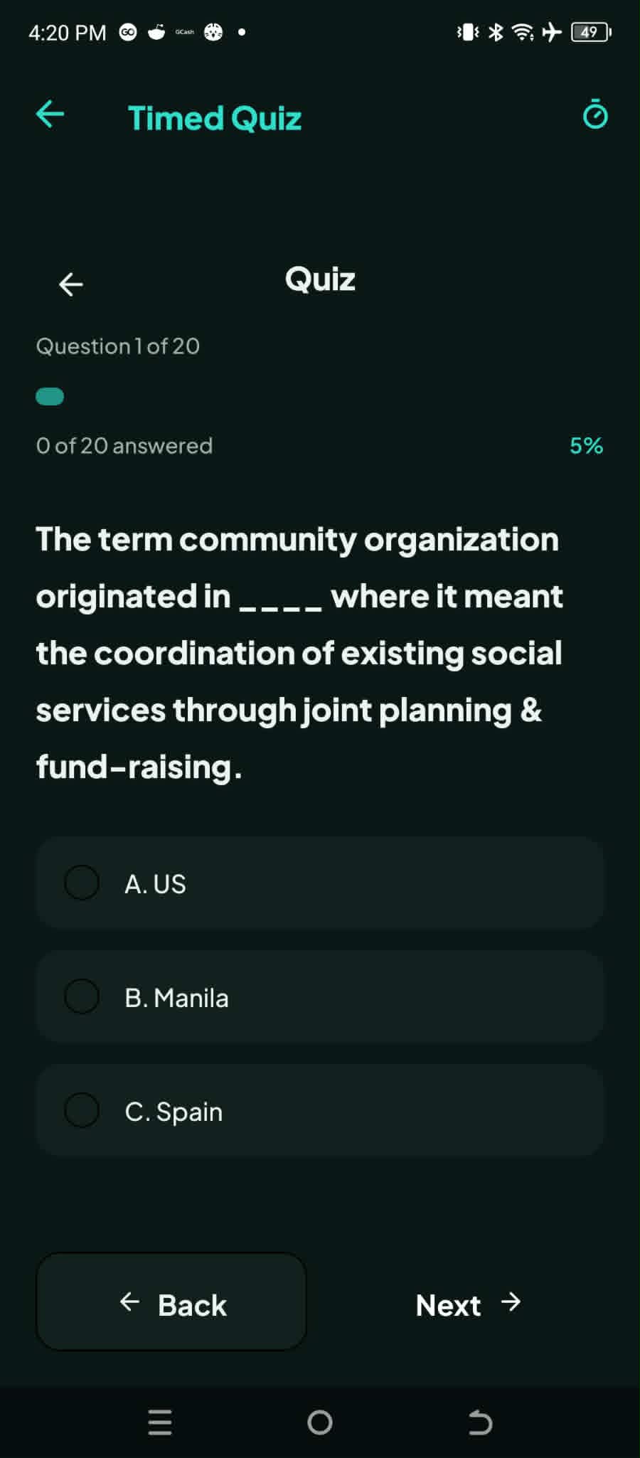 Sure Win timed quiz screen